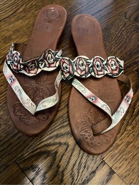 Prison Art Mexico Womens Brown Leather Skull Floral Flip Flops Sandals 9 Rare!